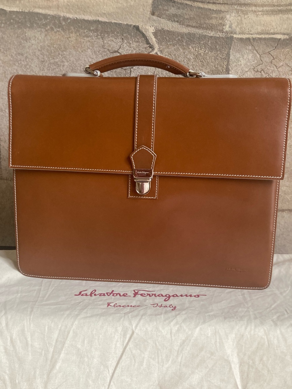Salvatore Ferragamo Men's Leather Briefcase in Cognac Brown with White Stitching